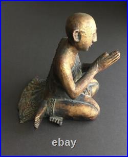 Vintage Hand Carved Wood Sculpture Seated Praying Buddhist Monk
