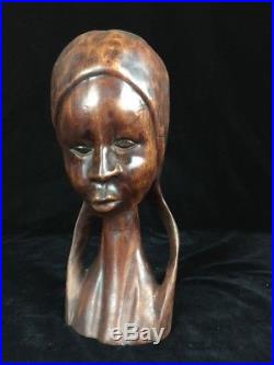 Vintage Hand Carved Wood Young Woman Sculpture African Art Head Statue Bust