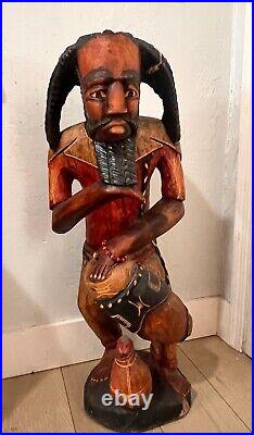 Vintage Hand Carved Wood red Jamaican Man Drummer Sculpture