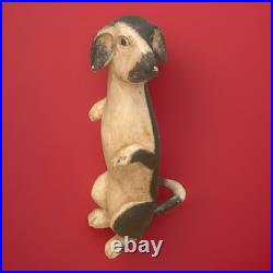 Vintage Hand-Carved Wooden Dog Sculpture Standing Upright Folk Art Figurine