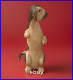 Vintage Hand-Carved Wooden Dog Sculpture Standing Upright Folk Art Figurine