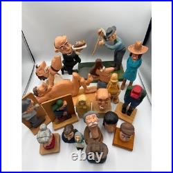 Vintage Hand Carved Wooden Folk Art Figurine Lot Whimsical Character Statues