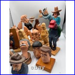 Vintage Hand Carved Wooden Folk Art Figurine Lot Whimsical Character Statues