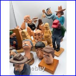 Vintage Hand Carved Wooden Folk Art Figurine Lot Whimsical Character Statues
