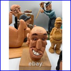 Vintage Hand Carved Wooden Folk Art Figurine Lot Whimsical Character Statues