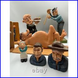 Vintage Hand Carved Wooden Folk Art Figurine Lot Whimsical Character Statues