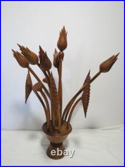 Vintage Hand Carved Wooden Tulip Flower 22 Sculpture Vase MCM Decor