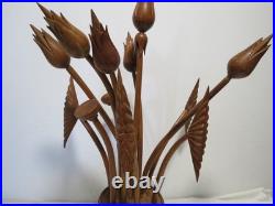 Vintage Hand Carved Wooden Tulip Flower 22 Sculpture Vase MCM Decor