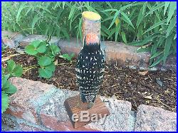 Vintage Hand Carved Wooden WOODPECKER BIRD On Log Sculpture Figurine Danish Art
