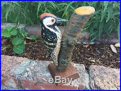 Vintage Hand Carved Wooden WOODPECKER BIRD On Log Sculpture Figurine Danish Art