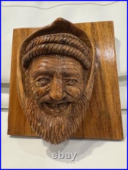 Vintage Hand Carved Wooden Wall Art Bearded Man Head Sculpture 8x8x3.5