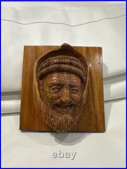 Vintage Hand Carved Wooden Wall Art Bearded Man Head Sculpture 8x8x3.5