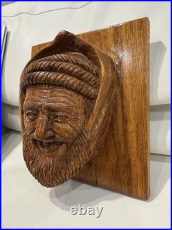 Vintage Hand Carved Wooden Wall Art Bearded Man Head Sculpture 8x8x3.5