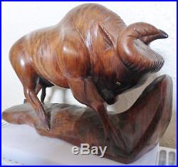 Vintage Hand Carved Wooden Walnut Raging Bull Sculpture