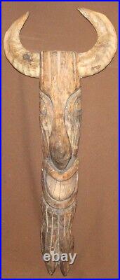 Vintage Hand Carving Wood Wall Decor Tribal Mask With Horns