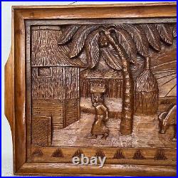 Vintage Hand Crafted Carved Wood Wall Hanging Philippine Village Farming