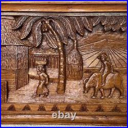 Vintage Hand Crafted Carved Wood Wall Hanging Philippine Village Farming