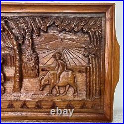 Vintage Hand Crafted Carved Wood Wall Hanging Philippine Village Farming