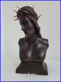 Vintage Hand Craved Wood Jesus Throne Crown Sculpture Bust