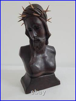 Vintage Hand Craved Wood Jesus Throne Crown Sculpture Bust