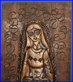 Vintage Hand Made Wall Decor Copper Engraved Wood Plaque Woman With Folk Costume