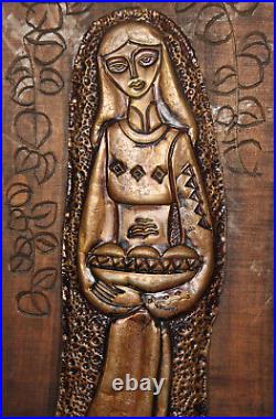 Vintage Hand Made Wall Decor Copper Engraved Wood Plaque Woman With Folk Costume