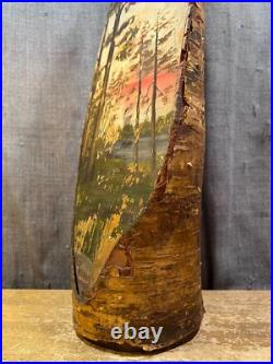 Vintage Hand Painted Wood Log Wildlife Folk Art Sculpture Rustic Cabin Antique