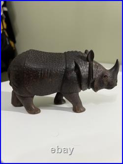Vintage Handcarved Artist Rhinocerous Statue Wood African Wooden Rhino Sculpture