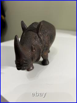 Vintage Handcarved Artist Rhinocerous Statue Wood African Wooden Rhino Sculpture