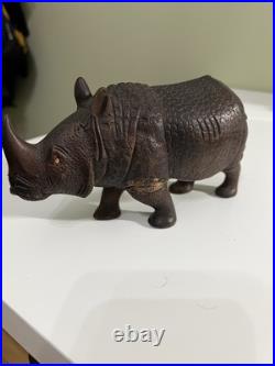 Vintage Handcarved Artist Rhinocerous Statue Wood African Wooden Rhino Sculpture