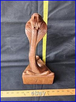 Vintage Handcarved Cobra Sculpture On Base Well Made Solid Wood