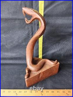 Vintage Handcarved Cobra Sculpture On Base Well Made Solid Wood