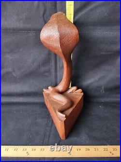 Vintage Handcarved Cobra Sculpture On Base Well Made Solid Wood