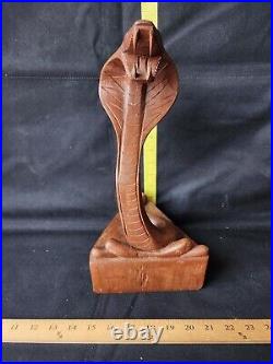 Vintage Handcarved Cobra Sculpture On Base Well Made Solid Wood