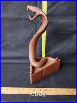 Vintage Handcarved Cobra Sculpture On Base Well Made Solid Wood