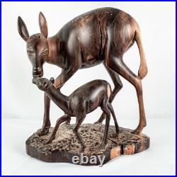 Vintage Handcraft Curved Wood Mama Baby Calf Deer Sculpture Size 10L x 9W