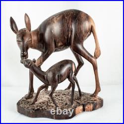 Vintage Handcraft Curved Wood Mama Baby Calf Deer Sculpture Size 10L x 9W