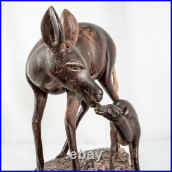 Vintage Handcraft Curved Wood Mama Baby Calf Deer Sculpture Size 10L x 9W
