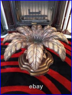 Vintage Handcrafted Brass Palm Leaf Sculpture Base 15x28 Wood & Brass