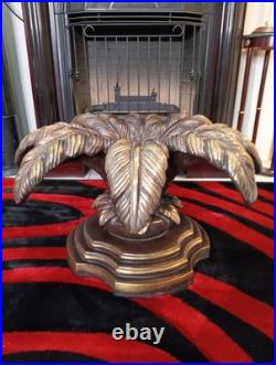 Vintage Handcrafted Brass Palm Leaf Sculpture Base 15x28 Wood & Brass