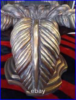 Vintage Handcrafted Brass Palm Leaf Sculpture Base 15x28 Wood & Brass