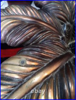 Vintage Handcrafted Brass Palm Leaf Sculpture Base 15x28 Wood & Brass
