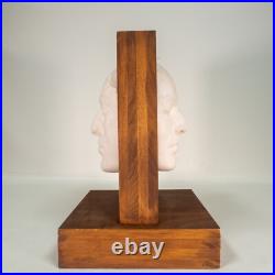 Vintage Handmade Art Two Faced Sculpture Face Relief Plaster on Wood Unique