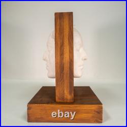 Vintage Handmade Art Two Faced Sculpture Face Relief Plaster on Wood Unique