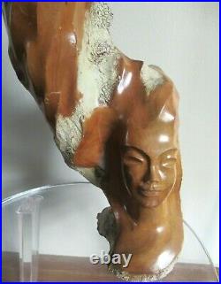 Vintage Hawaiian Koa Wood Woman Bust Modernist Sculpture Hand-Carved Lg Signed