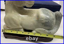 Vintage Heavy Jade Stone Carving Chinese Horse on Wood Base Sculpture with Box