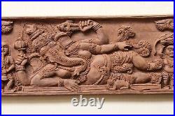 Vintage Hindu God Ganesha Wall Panel Sculpture Hand Carved Wooden Indian Diety
