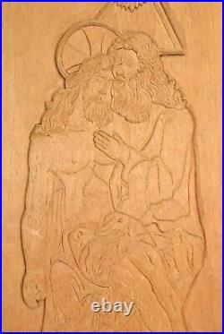 Vintage Holy Trinity Hand Carved Wood Plaque Wall Sculpture
