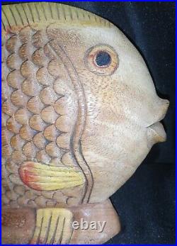 Vintage Huge Carved Wood Fish Sculpture About 23T x 23 W Tiki Bar