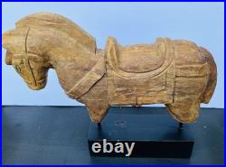 Vintage Indian Folk Art Hand Carved Wood Horse Architectural Fragment on Stand